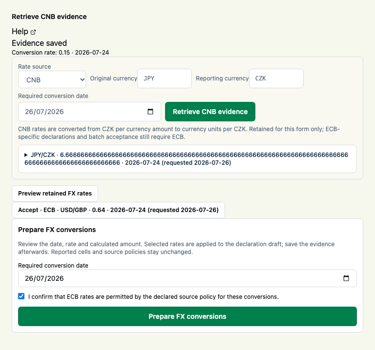 CNB retrieval with illustrative currency inputs; evidence stays on the selected form.