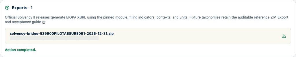 Export panel showing one generated synthetic reference ZIP and its download control, with variable artifact metadata masked.