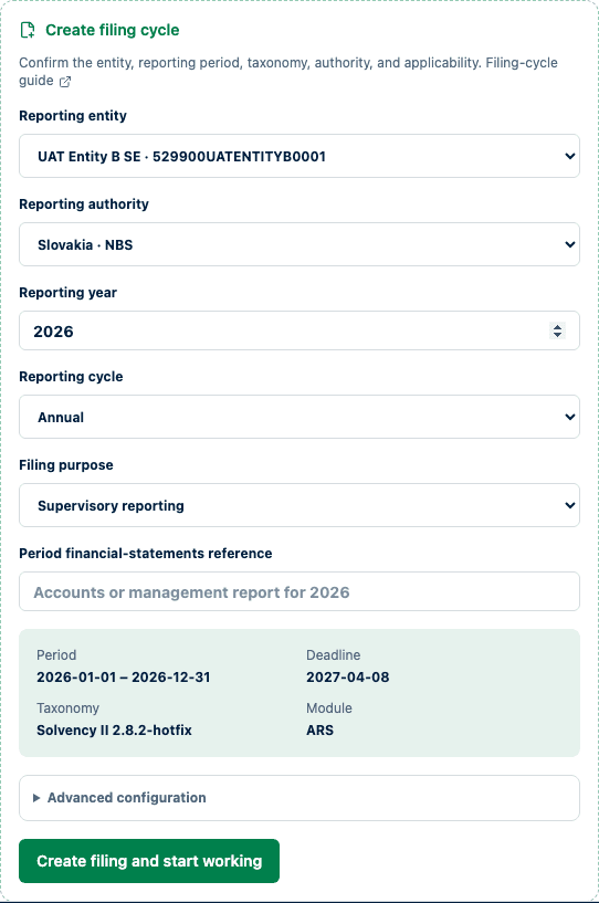 Expanded synthetic filing-cycle setup showing reporting entity, authority, year, cycle, purpose, derived period, deadline, taxonomy, and module.