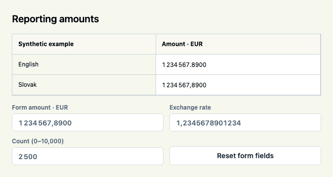 Reporting amount inputs with grouped thousands in English and Slovak