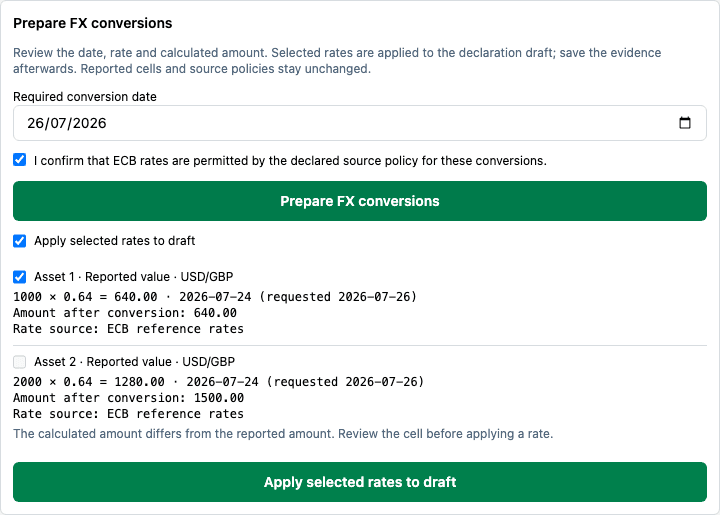 Illustrative batch preview showing a matching conversion and an amount mismatch