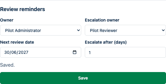 IRRD review settings showing the owner, escalation owner, review date, and escalation interval.