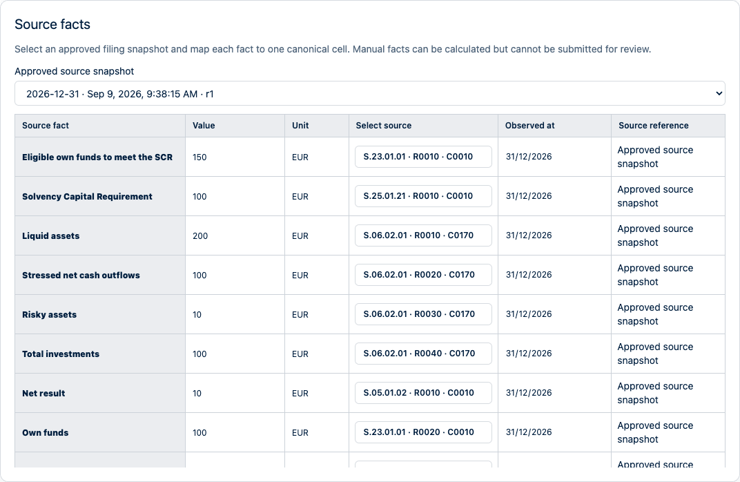 IRRD source-readiness workspace showing an approved filing snapshot and readable approved source selections.