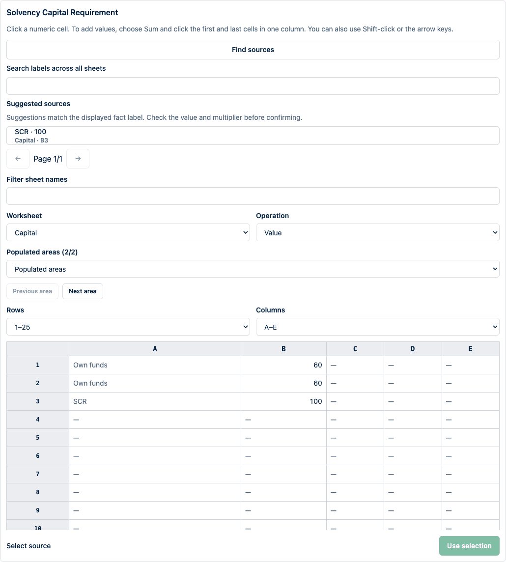 Suggested numeric source beside a matching worksheet label, awaiting confirmation.