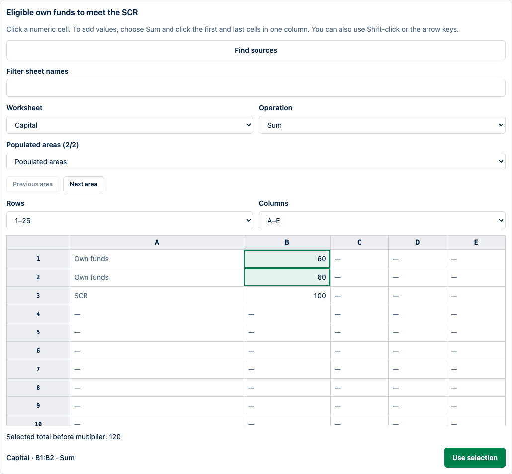 Visible workbook values and highlighted source cells selected for an IRRD fact.