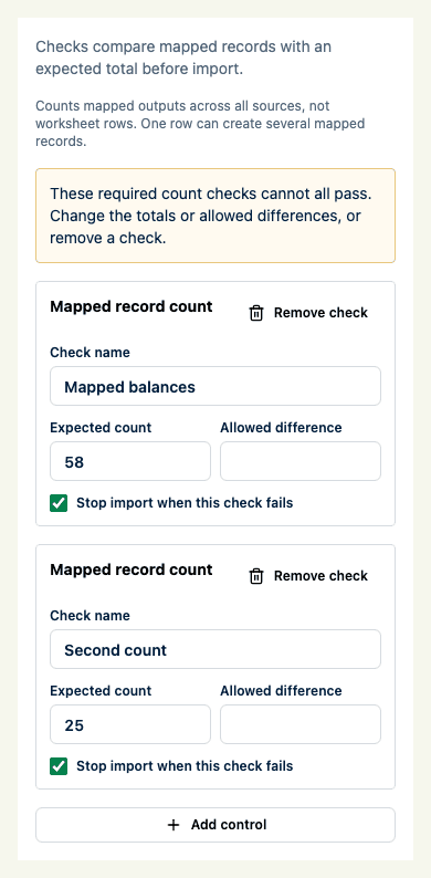 Control step showing expected mapped records and a conflicting-check warning