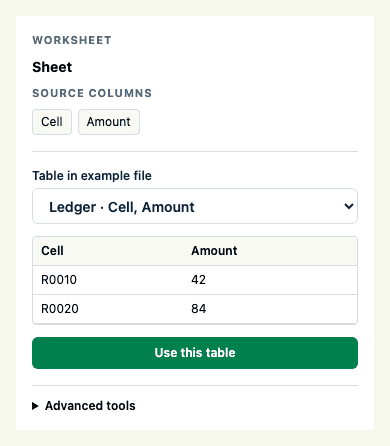 Source step with a detected table and example rows