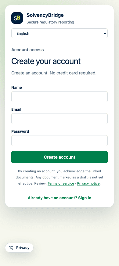 Synthetic registration screen identifying draft documents and linking to their current text.