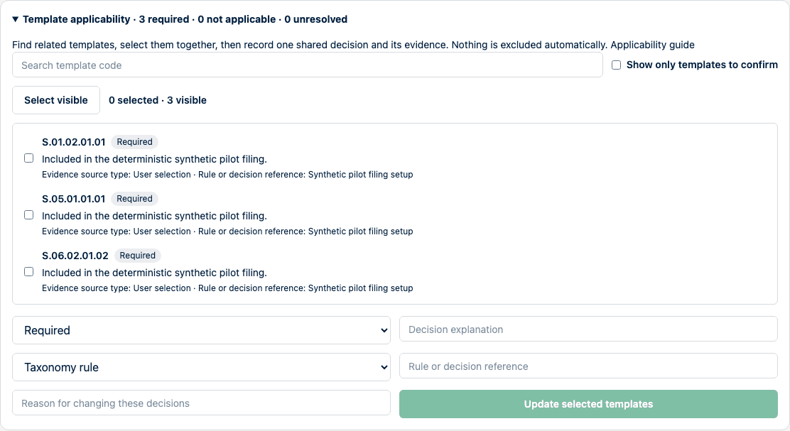 Manage templates drawer showing the combined EIOPA and national template catalog, search, filters, and included forms.