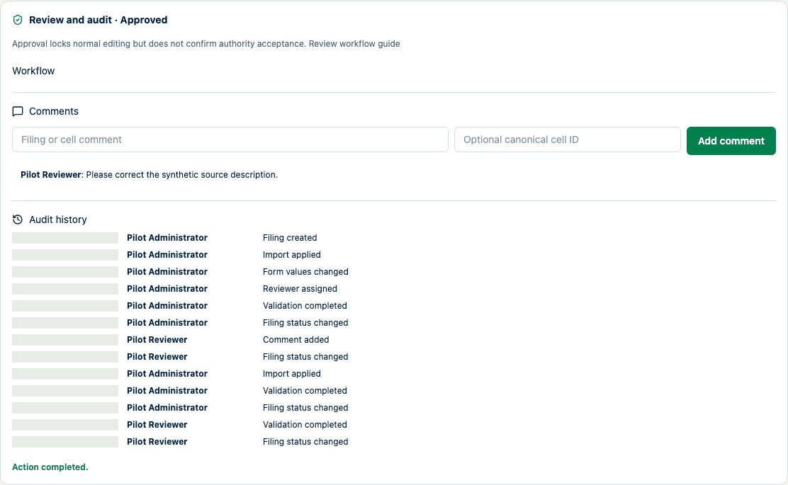 Approved synthetic filing showing the locked workflow state, correction comment, and attributable audit history with timestamps masked.
