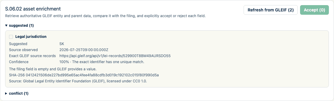 Synthetic filing-wide S.06.02 reference-data queue showing grouped exact suggestions, evidence metadata, safe selection, and one explicit batch acceptance control.
