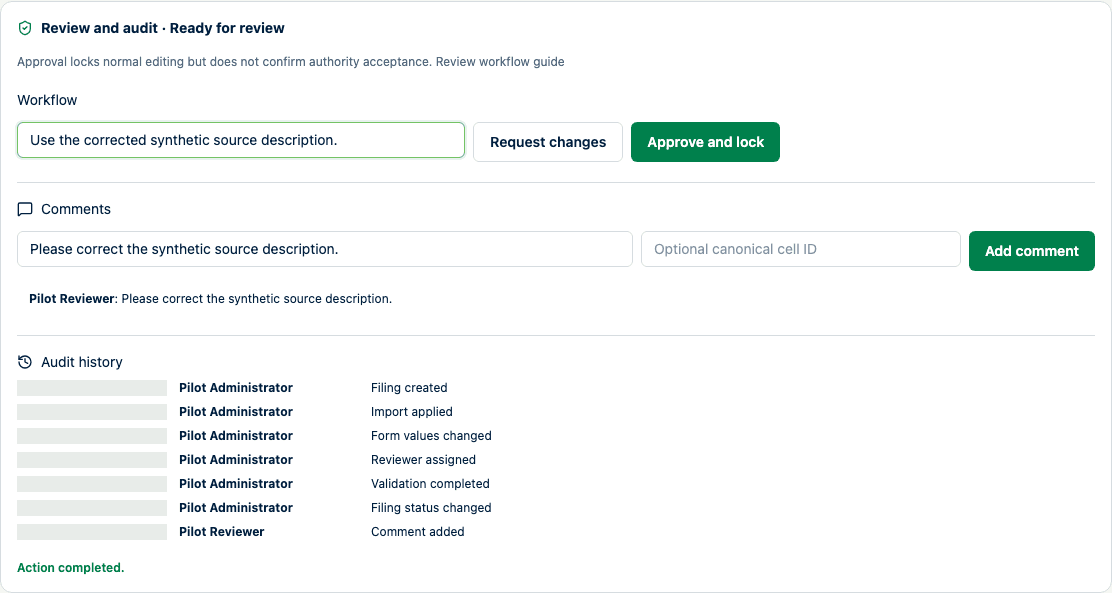 Reviewer workflow showing a synthetic correction comment, request reason, Request changes action, and audit history with timestamps masked.