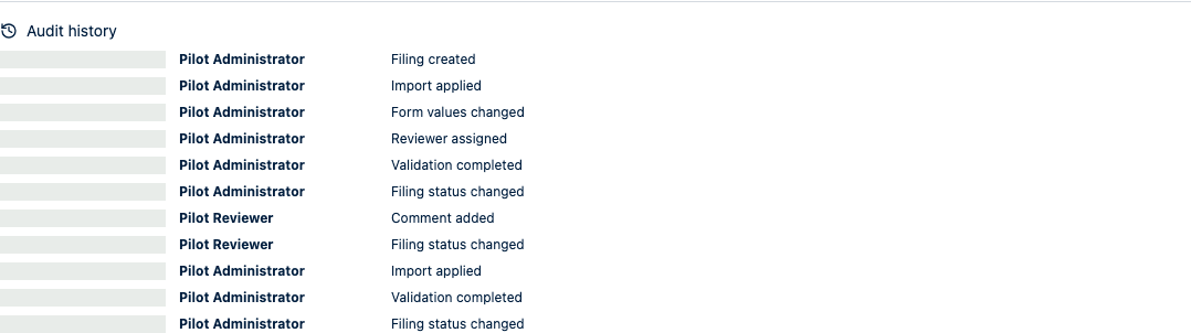 Audit history showing the synthetic correction import, validation, and resubmission as attributable events with timestamps masked.