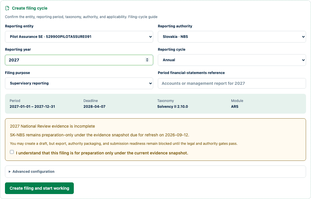 Expanded synthetic filing-cycle setup showing reporting entity, authority, year, cycle, purpose, derived period, deadline, taxonomy, and module.