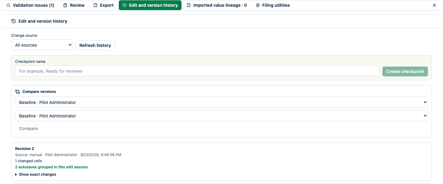 Edit and version history showing attributable change sources, named checkpoints, comparison controls, and restore preview actions.