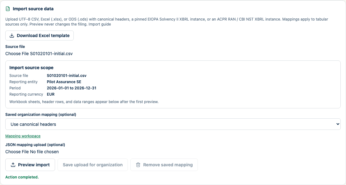 Applied synthetic CSV import showing one imported value, validation completion, source checksum, and affected template.
