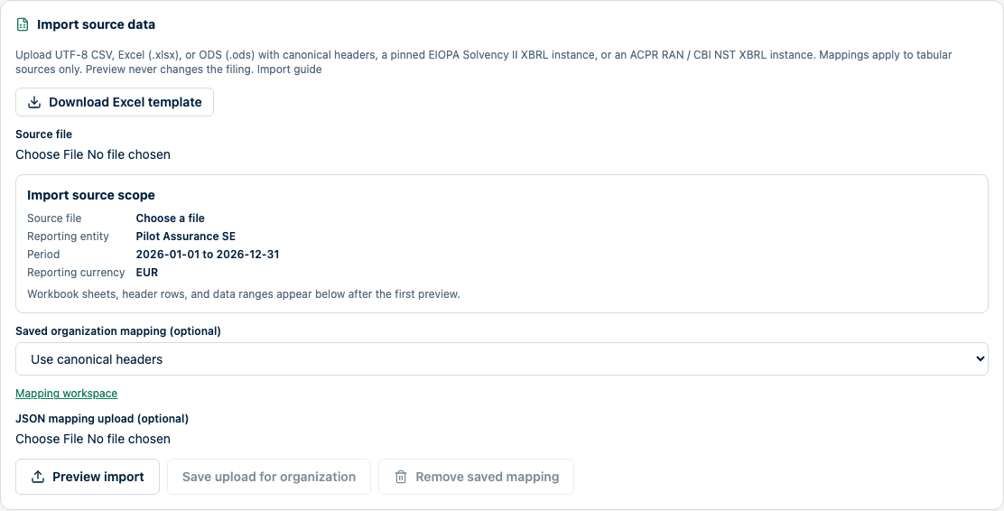 Empty import panel showing the supported source-file input, optional saved or uploaded mapping controls, and disabled apply action.