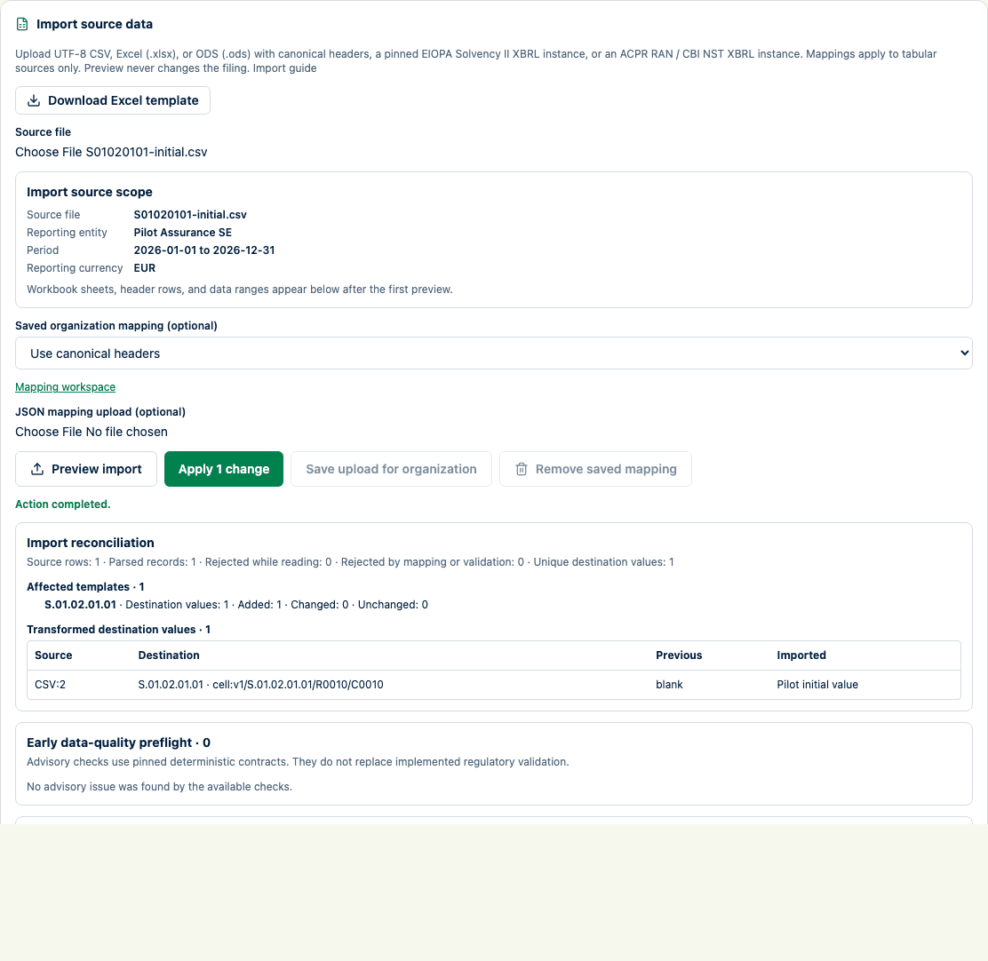 Import preview for a synthetic CSV showing one proposed change and the Apply one change control.