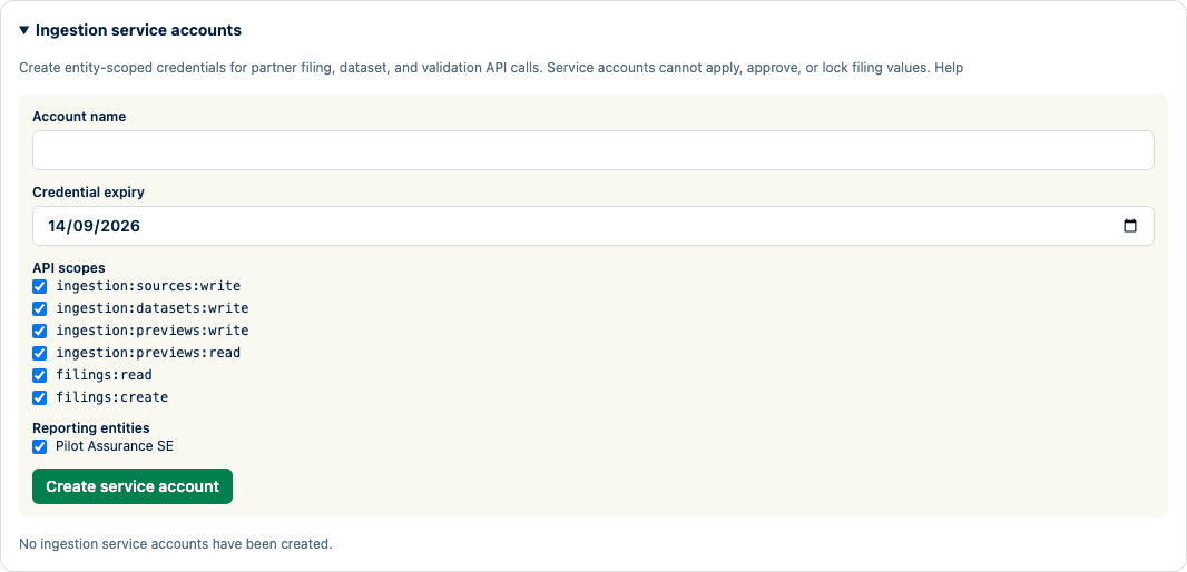Organization administrator panel for creating an expiring service account with least-privilege API scopes and reporting-entity grants.
