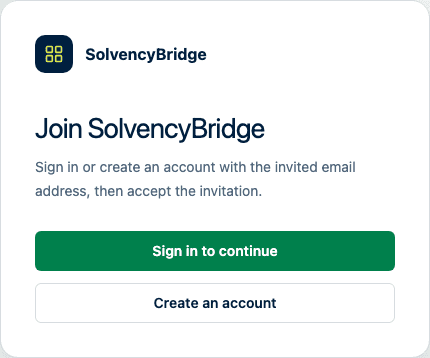 Invitation acceptance screen offering sign-in and account creation before the single-use invitation is accepted.