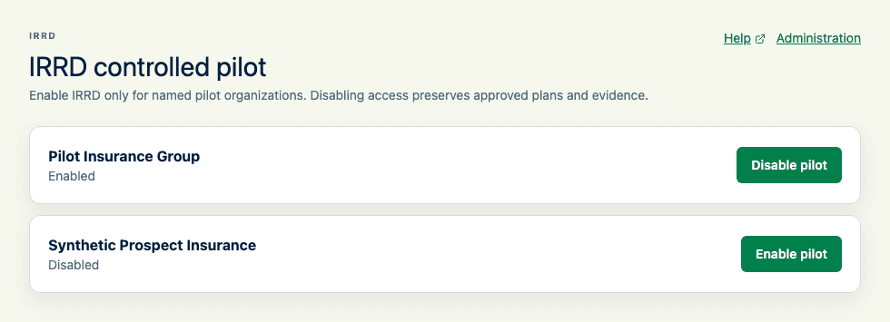 IRRD controlled-pilot administration listing named organizations and their current enablement state.