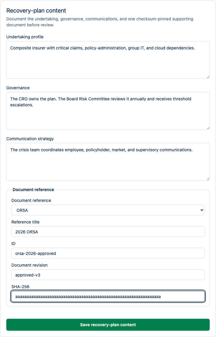 IRRD recovery-plan content workspace with undertaking, governance, communication, and pinned document-reference fields.