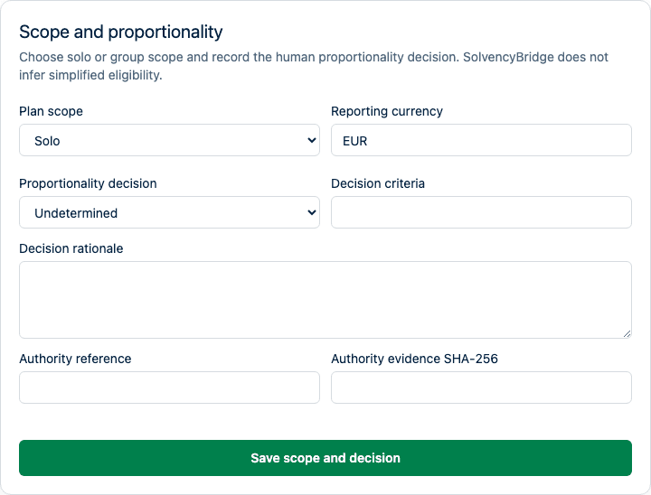IRRD scope and proportionality workspace showing the controlled human decision and reporting currency.