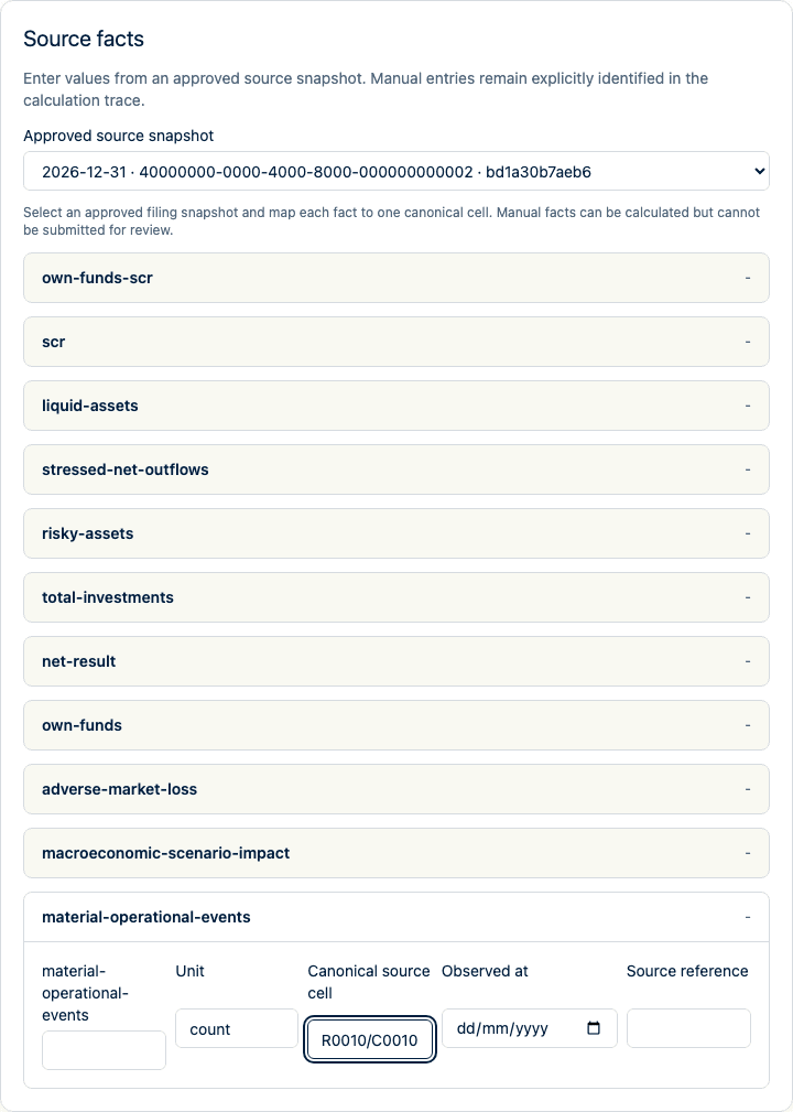 IRRD source-readiness workspace showing an approved filing snapshot and canonical source-cell mappings.