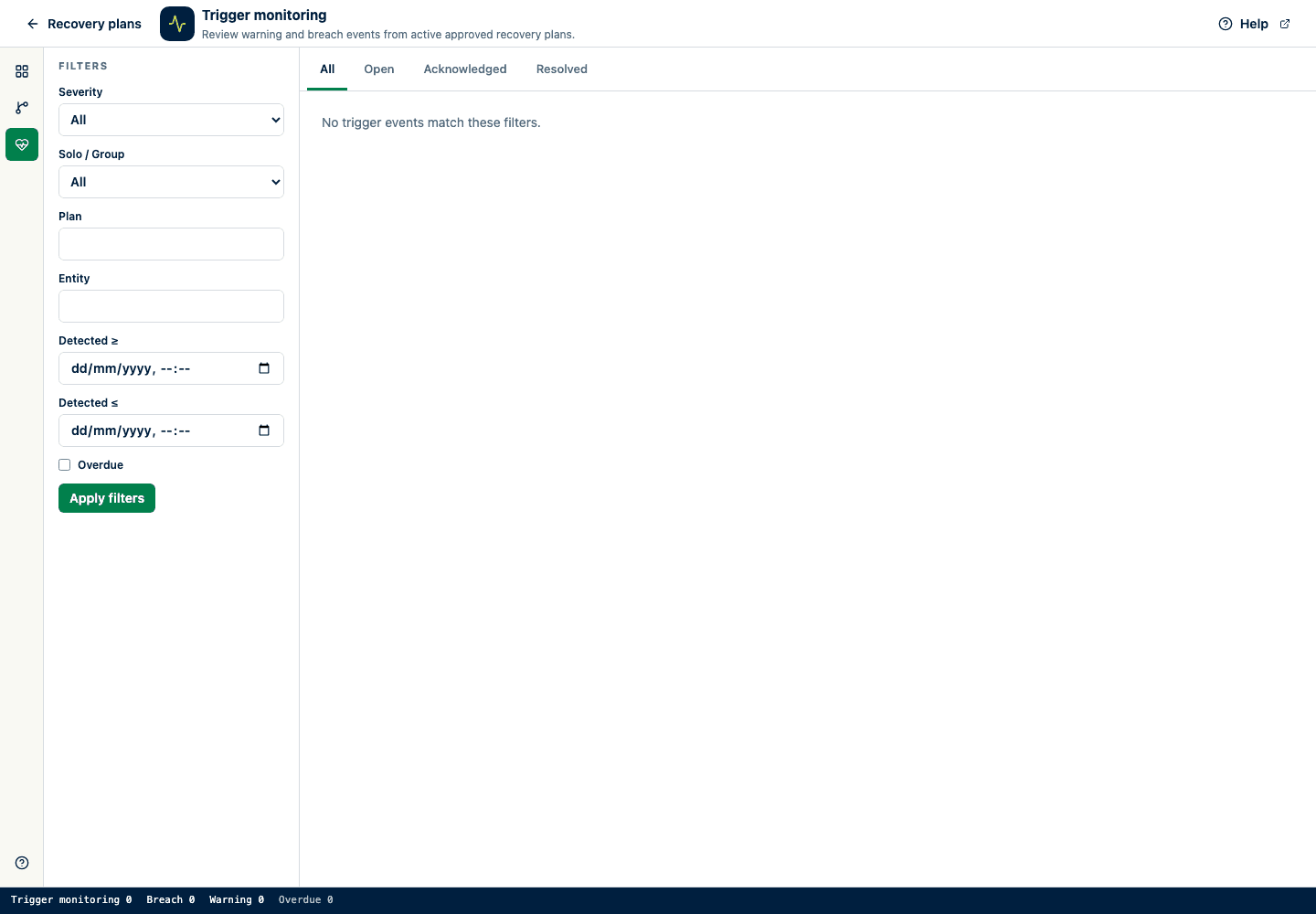 IRRD trigger-monitoring queue with governed filters and an explicit empty state.