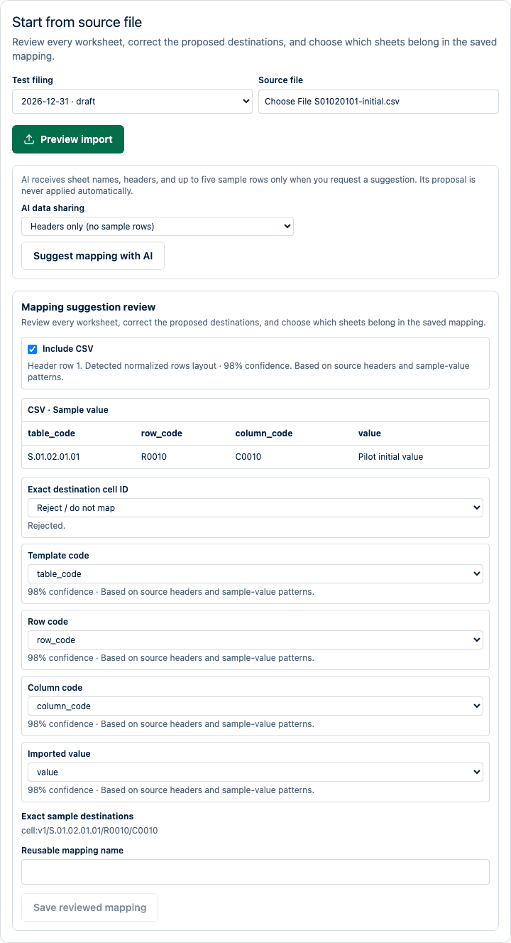 Source-file starter review in the mapping workspace, showing the selected filing, uploaded source, detected table boundary, and reviewed mapping suggestions.