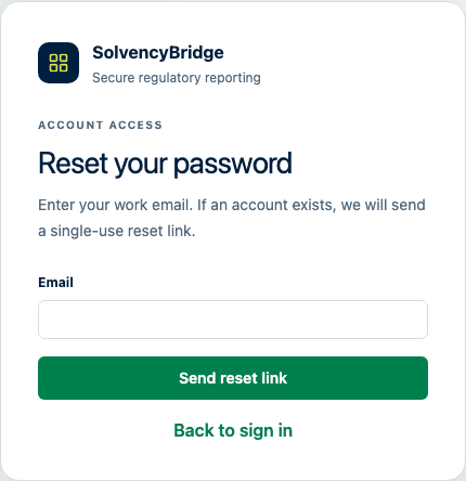Password-reset request showing the account email field, generic delivery guidance, and return-to-sign-in link.