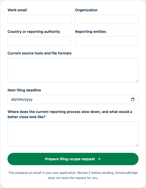 Localized filing-scope questionnaire showing organization, authority, source tools, deadline, and desired-close fields.