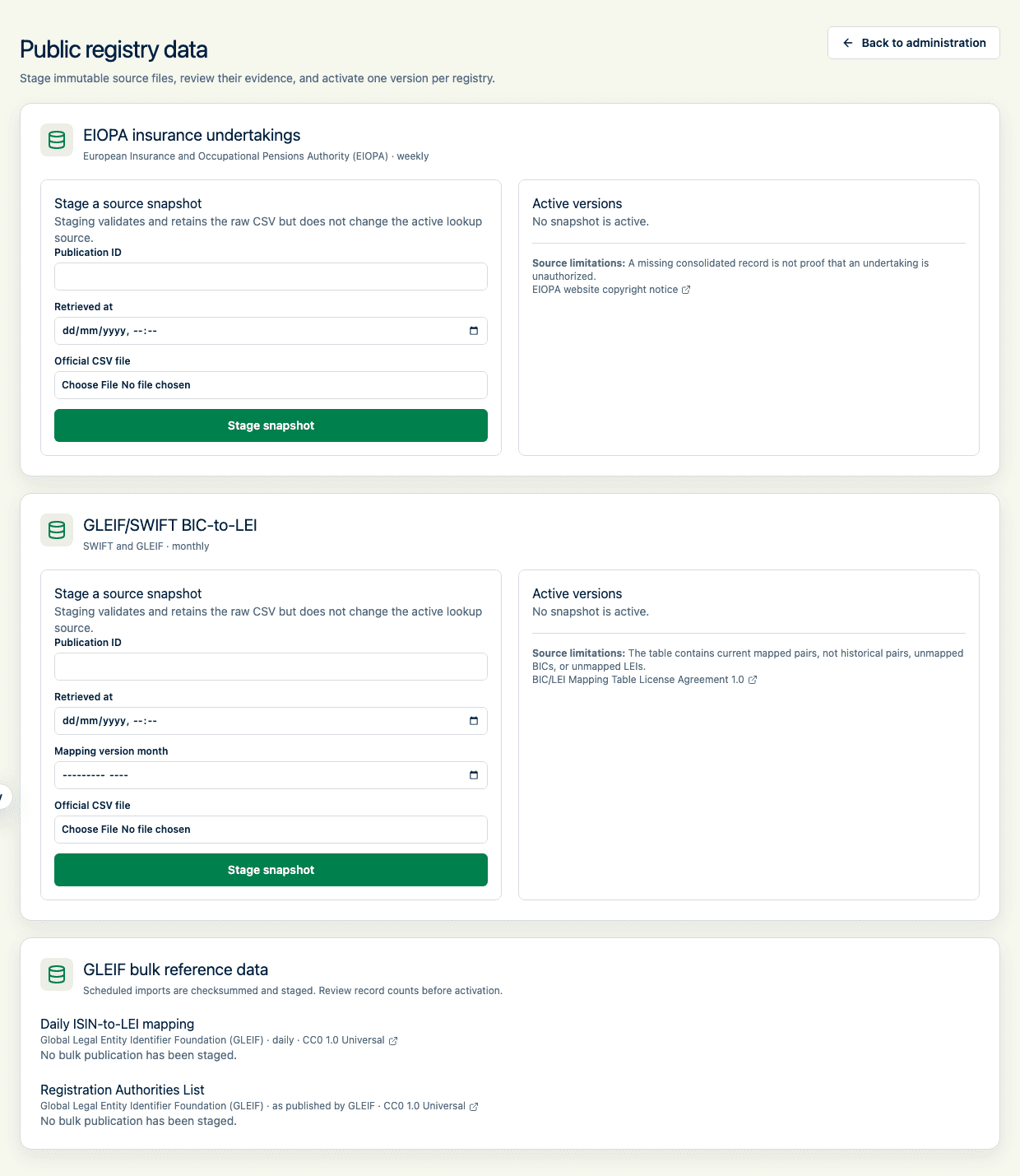 Public registry administration showing separate EIOPA and BIC-to-LEI staging, activation, evidence, attribution, and history controls.