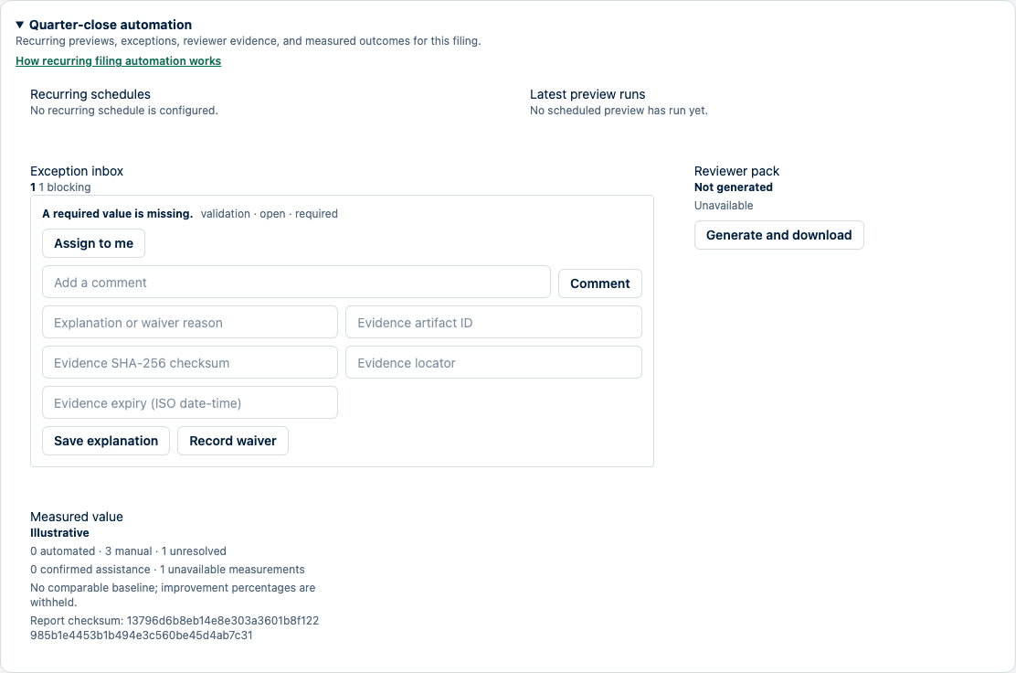 Quarter-close automation showing recurring previews, exception work, reviewer-pack state, and measured value.