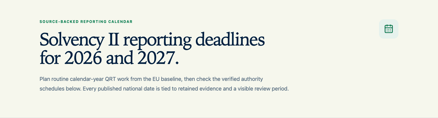 Public Solvency II reporting deadlines reference with annual and quarterly EU baseline tables.