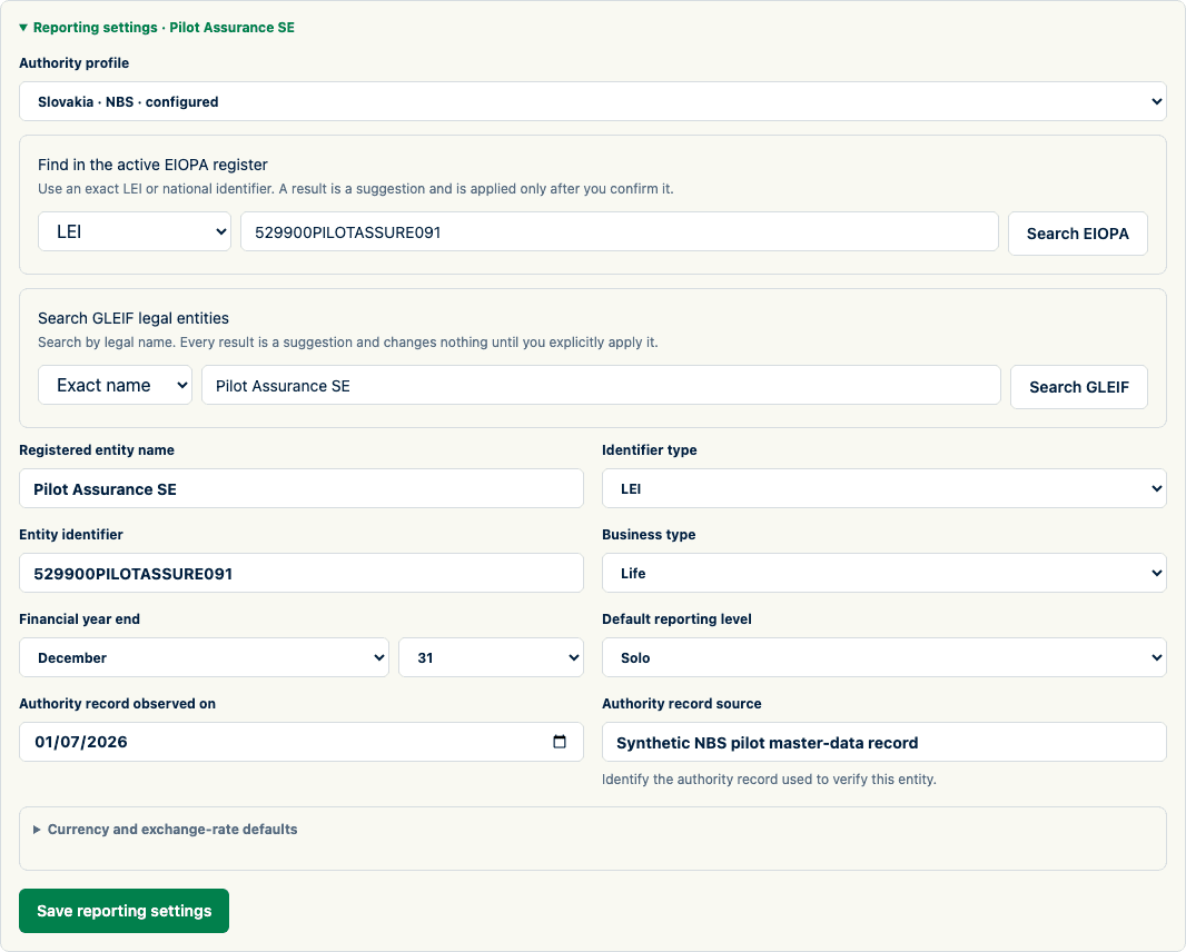 Expanded synthetic reporting-entity settings showing identity, business type, reporting defaults, authority profile, source reference, and save control.