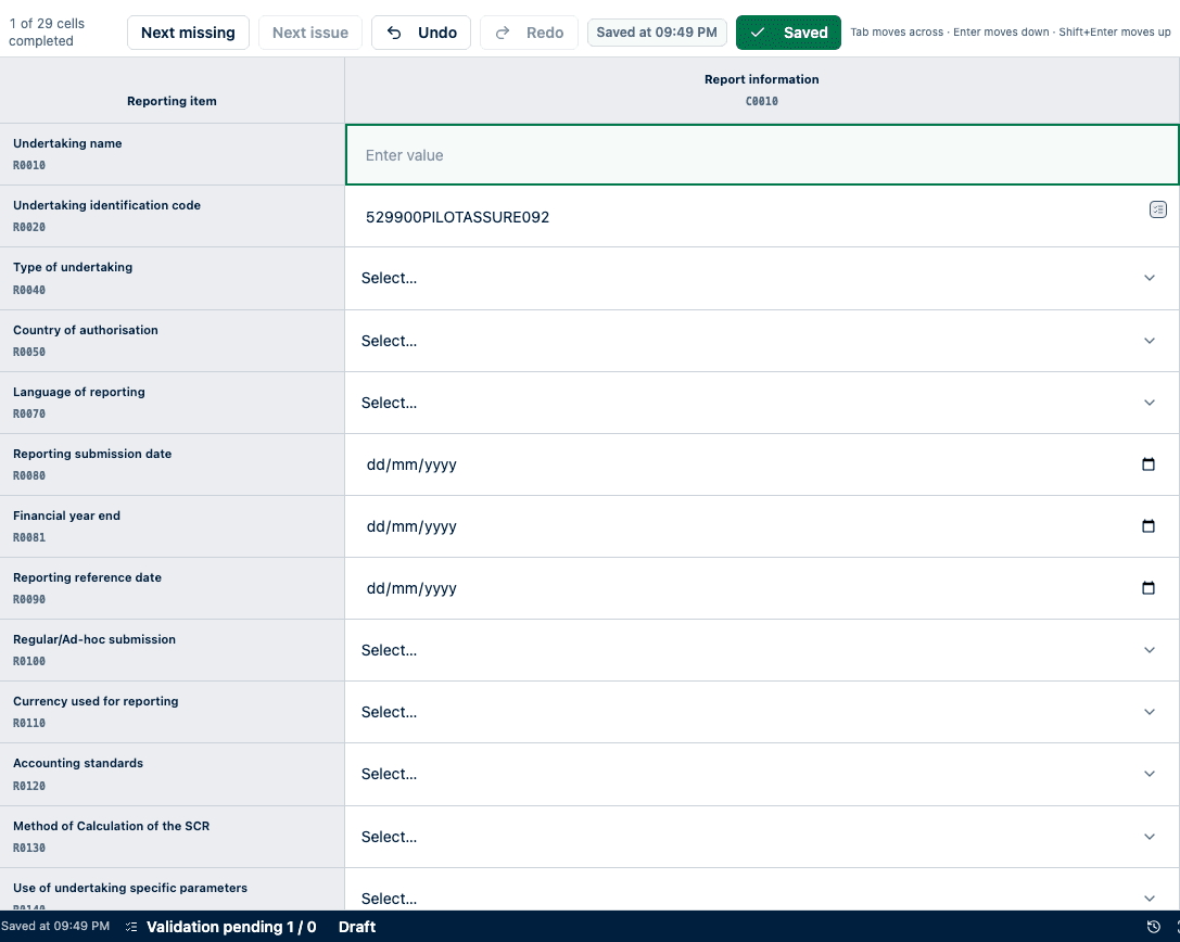 Synthetic S.01.02 reporting grid showing the saved undertaking name and identifier with the green Saved state.