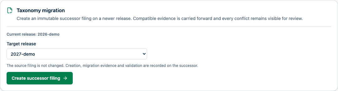 Taxonomy migration panel showing the current synthetic release, a newer installed target, immutable-successor guidance, and the controlled creation action.