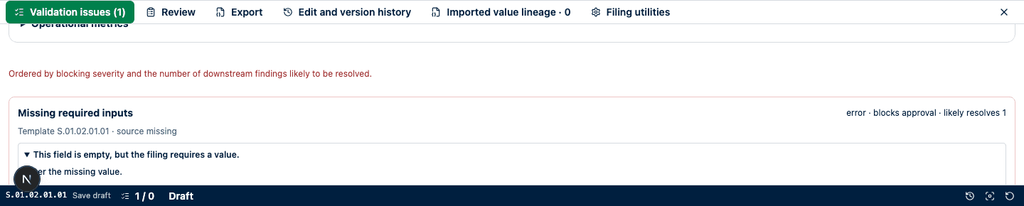 Validation summary showing a navigable required-value finding for the synthetic undertaking identification code.